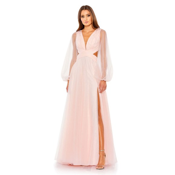 Mac Duggal NEW Tulle Sheer Long Sleeve Cut Out Lace Up A-line Gown Blush Size 6 - Picture 6 of 16